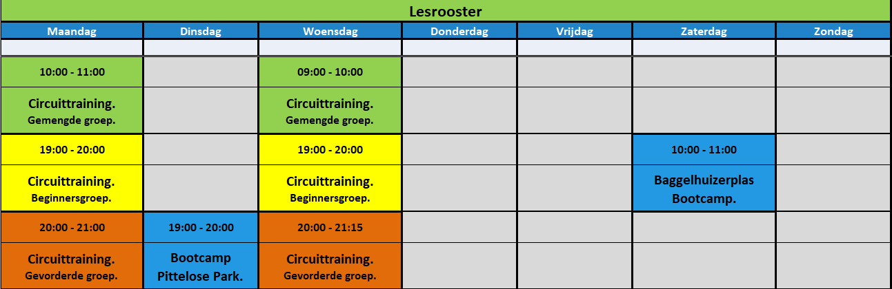 Lesrooster groepslessen.
