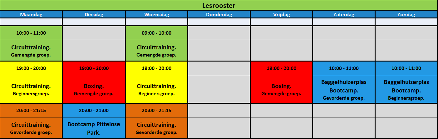 Lesrooster groepslessen.