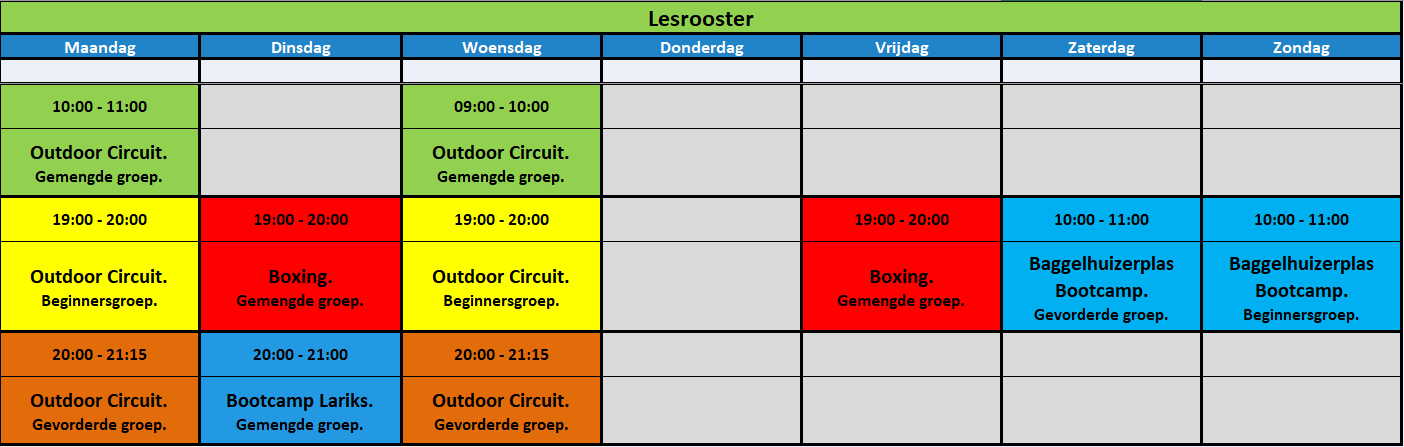 Lesrooster groepslessen.
