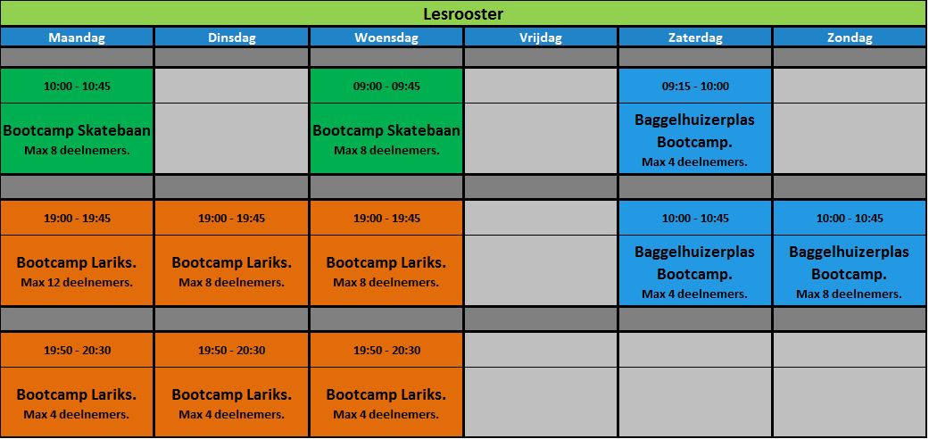 Lesrooster groepslessen.