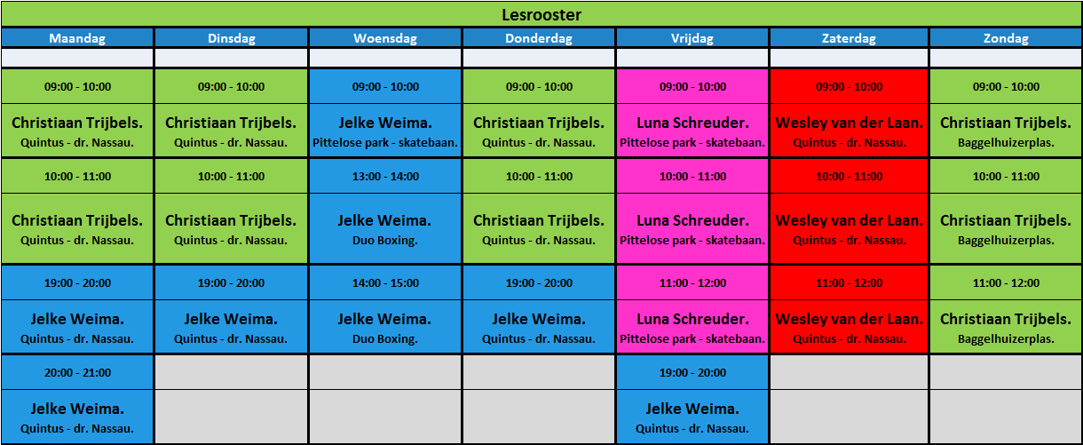 Lesrooster Duo Trainingen tijdens lock-down periode.